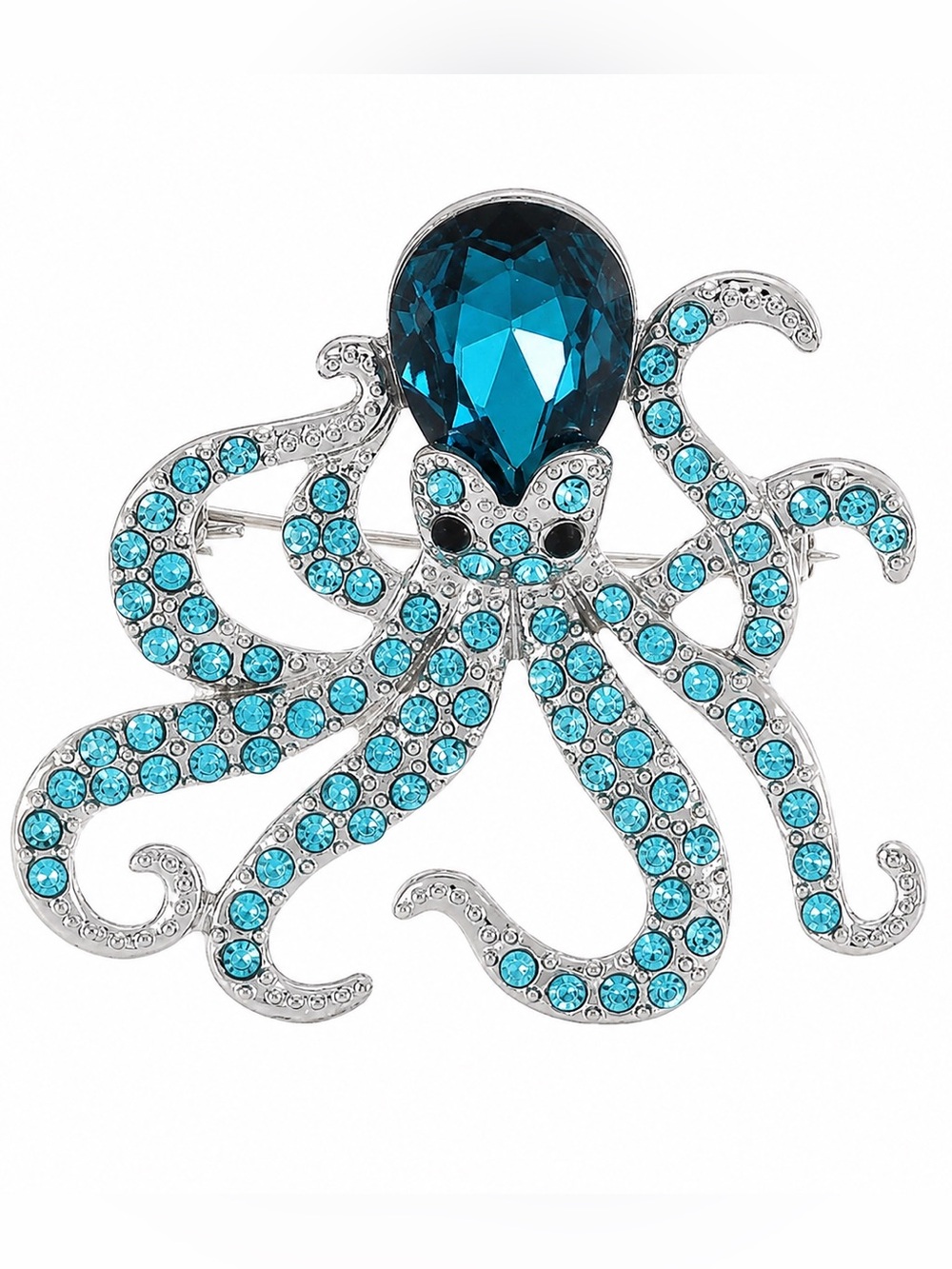 Blue Rhinestone Octopus Brooch Silver Tone Crystal Sea Life Statement Pin